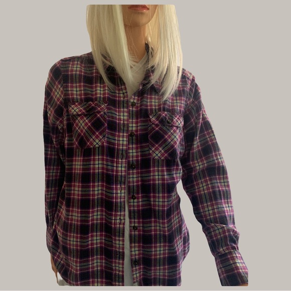 Upcycled Purple Flannel Button Down with Homemade Floral Appliquép on Back - Picture 5 of 10